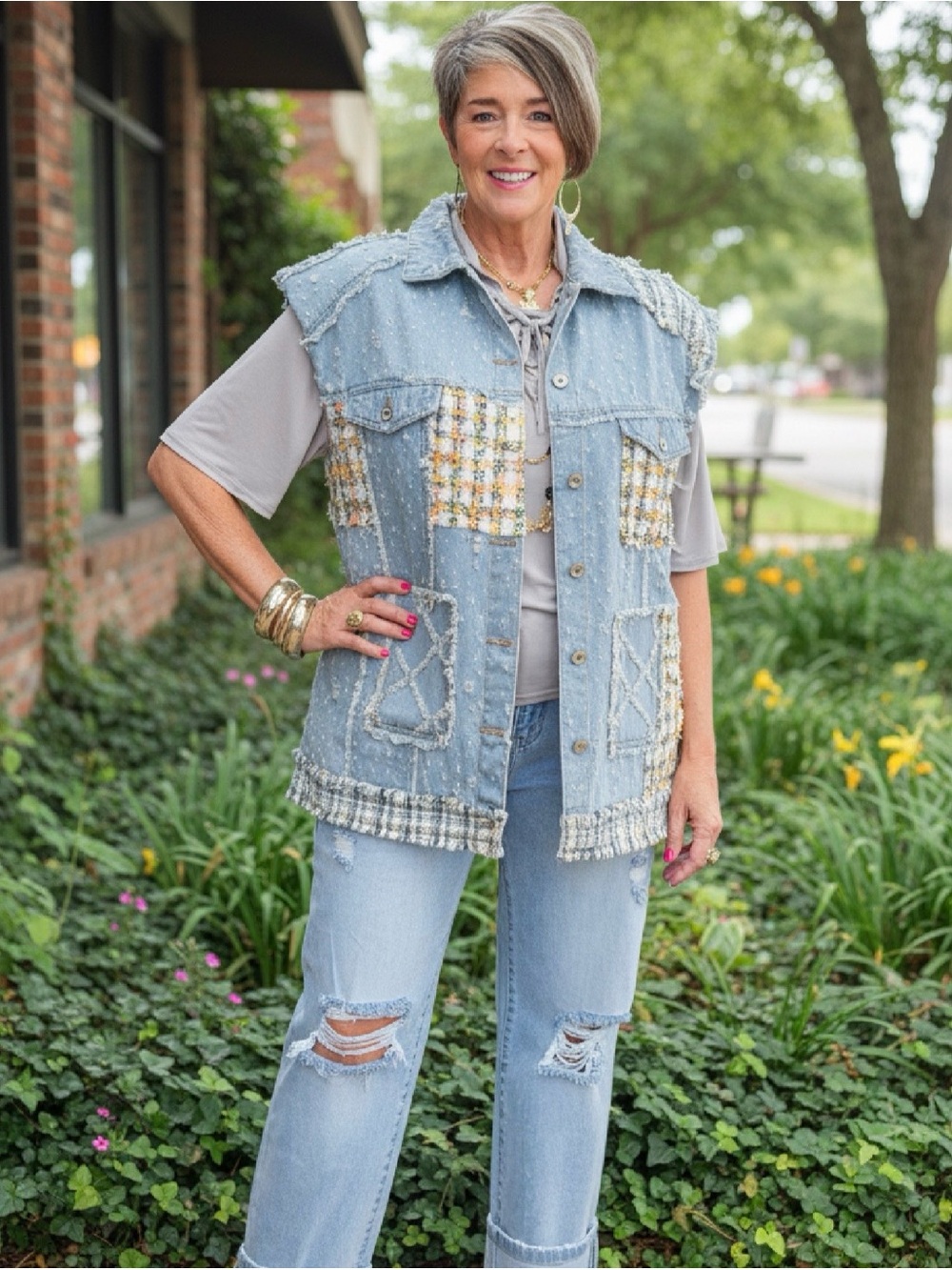 POL Denim Patch Sleeveless Button Front Vest Jacket